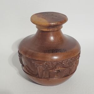 Carved Wood Pepper Shaker Village Scene